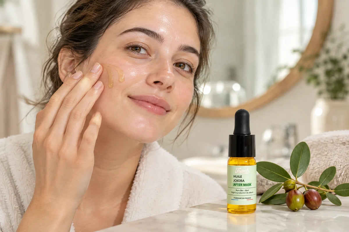 Jeune femme appliquant deux gouttes d'huile de jojoba Framb sur la joue, flacon pipette 10 ml Image