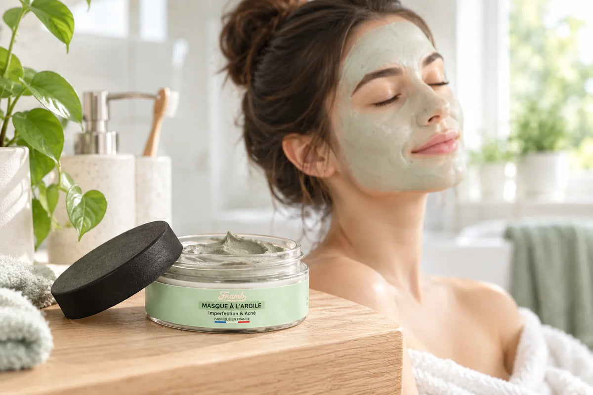 Jeune femme avec un masque à l'argile verte posé, pot de masque Framb ouvert au premier plan Image