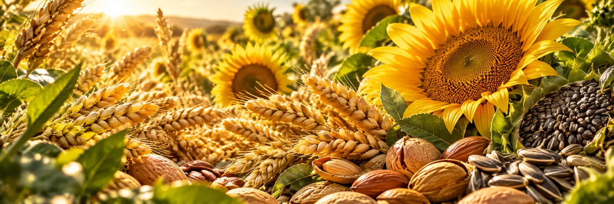 Tournesol, blé et noix, sources de vitamine E des soins Framb