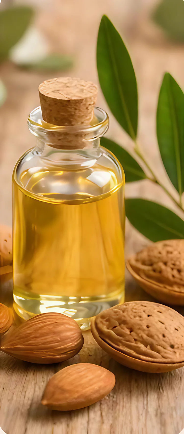 Huile d'amande douce, base de l'huile démaquillante Framb : flacon et amandes