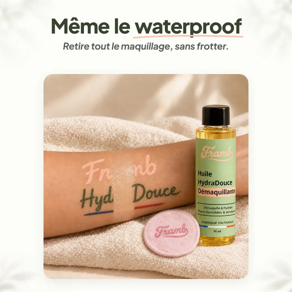 Huile démaquillante Framb : test sur l'avant-bras, le maquillage waterproof part sans frotter