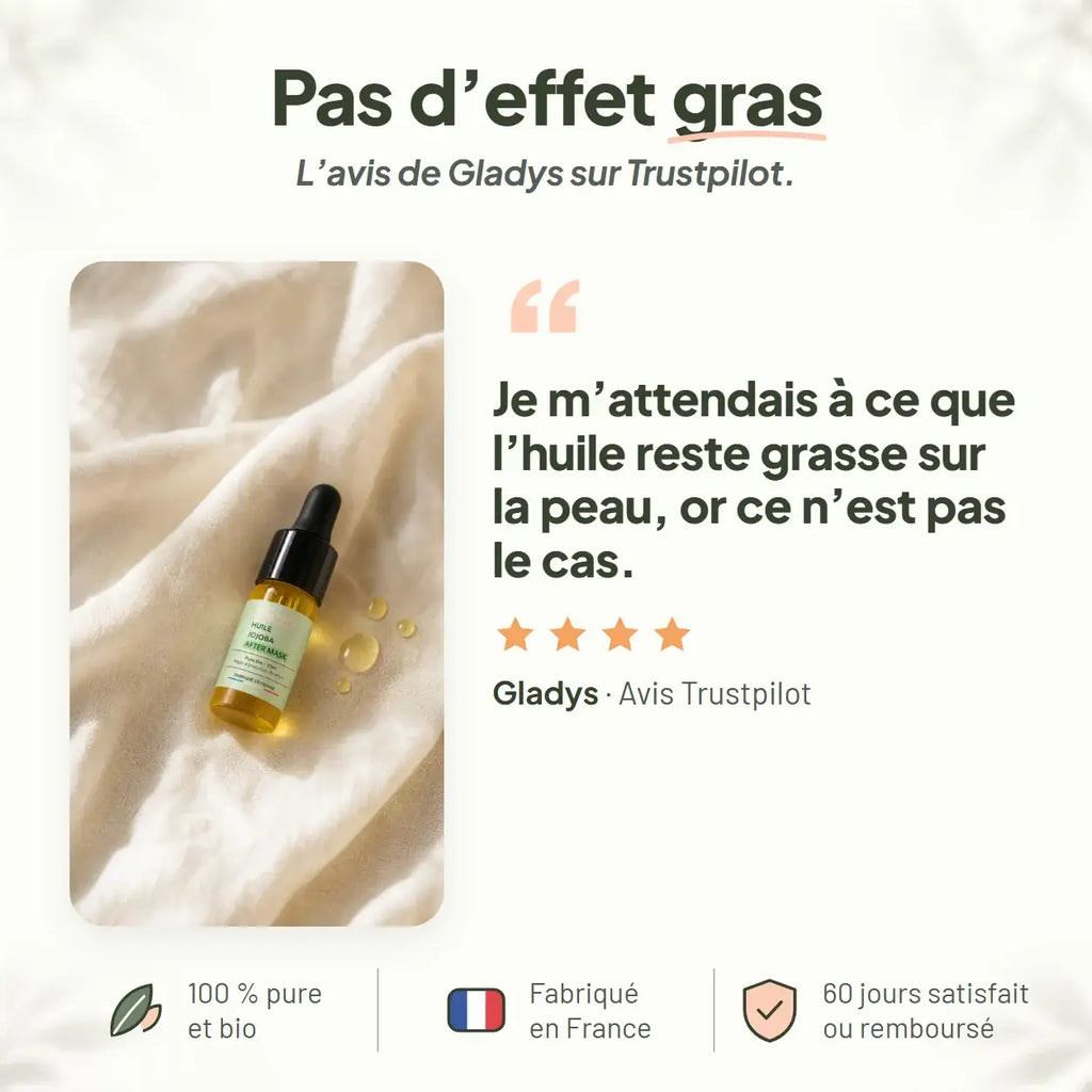 Avis Trustpilot de Gladys : l'huile de jojoba Framb ne laisse pas d'effet gras