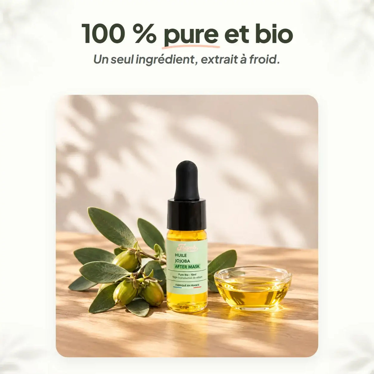 Huile de jojoba visage Framb 100 % pure et bio, extraite à froid, avec fruits de jojoba