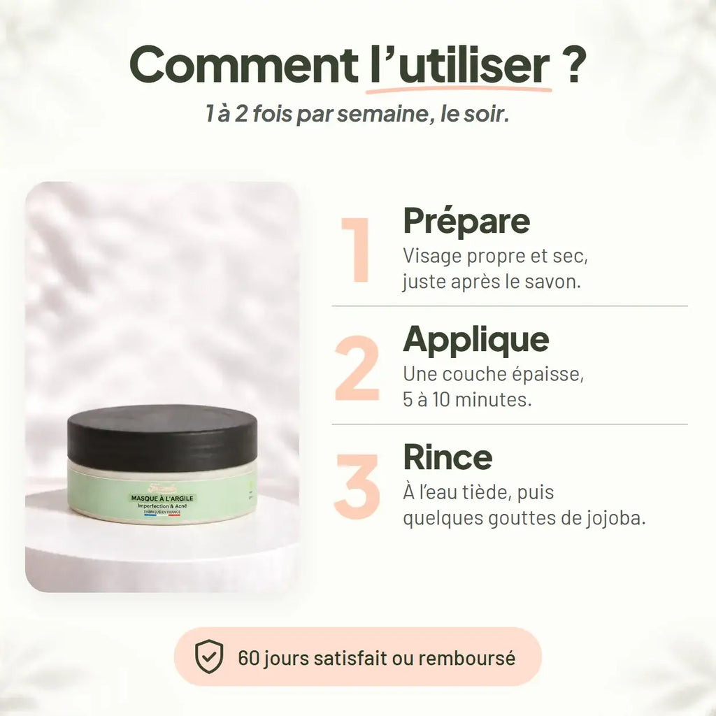 Mode d'emploi du masque anti-imperfections Framb : prépare, applique 5 à 10 minutes, rince