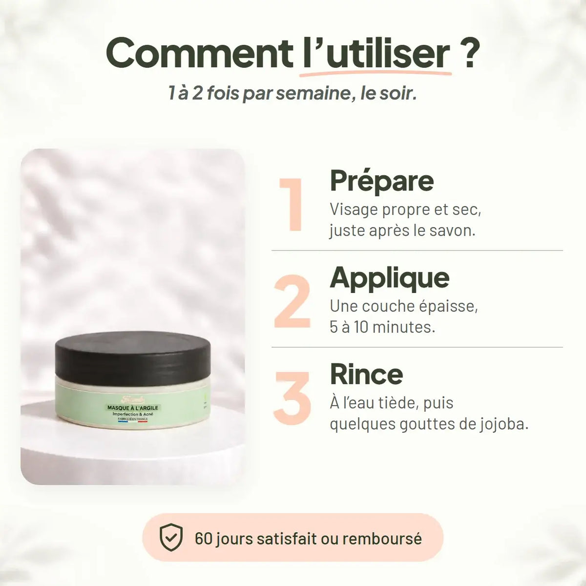 Mode d'emploi du masque anti-imperfections Framb : prépare, applique 5 à 10 minutes, rince