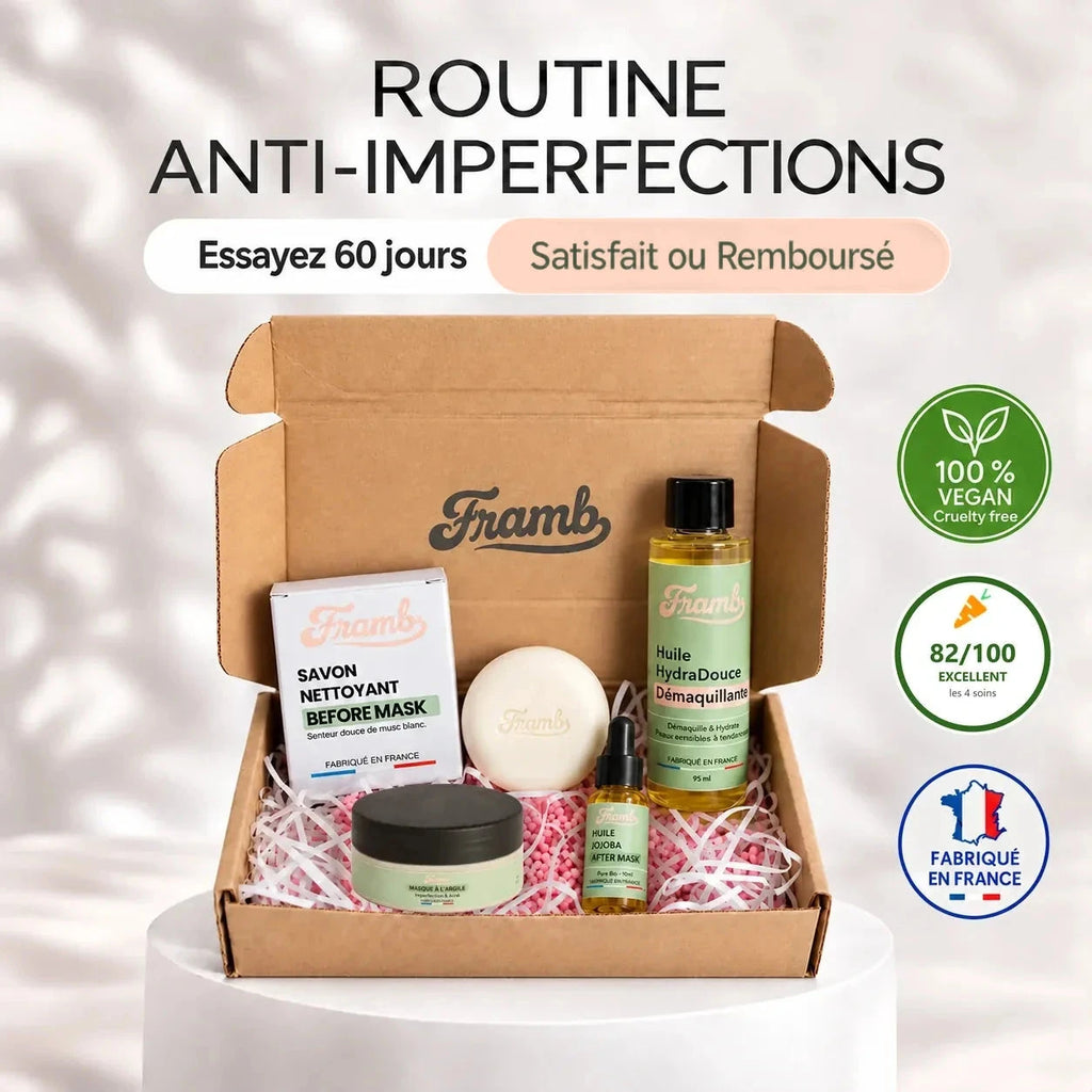Coffret routine anti-imperfections Framb : savon, masque à l'argile, huile de jojoba, huile démaquillante