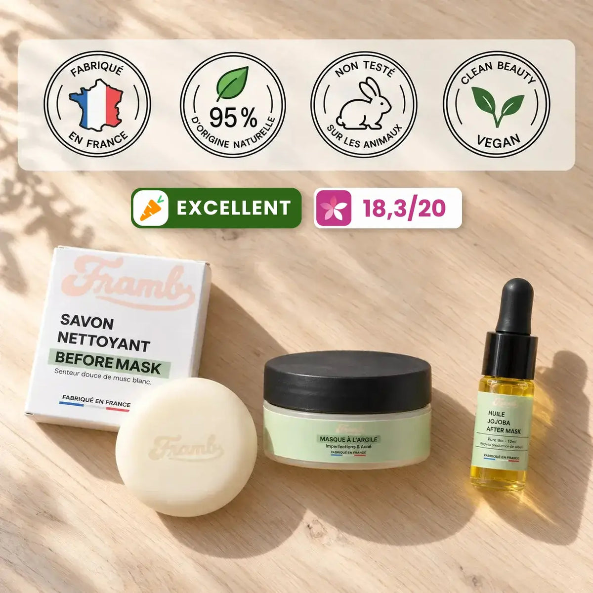 Les 3 soins de la routine anti-imperfections Framb, fabriqués en France, vegan, 95 % d'origine naturelle