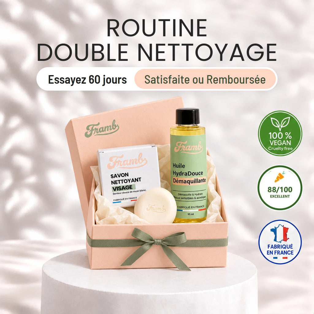 Coffret Routine Double Nettoyage Framb : Huile HydraDouce démaquillante et savon nettoyant, essayez 60 jours satisfaite ou remboursée