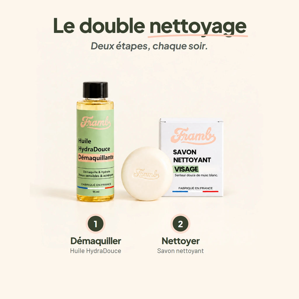 Double nettoyage en 2 étapes : 1 démaquiller avec l'Huile HydraDouce, 2 nettoyer avec le savon Framb