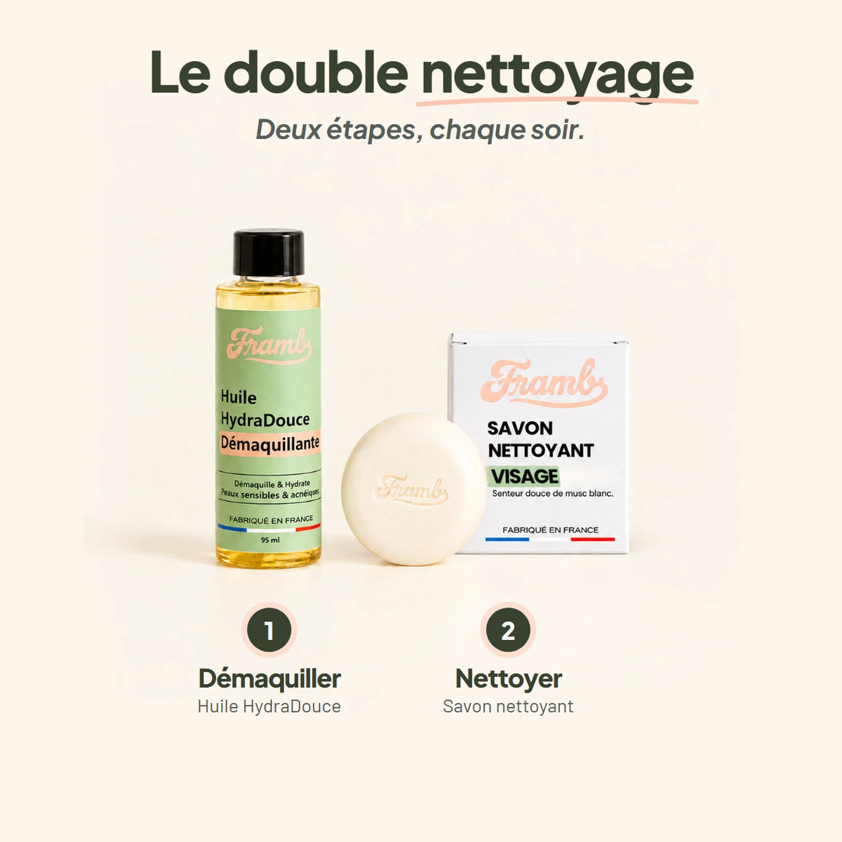 Double nettoyage en 2 étapes : 1 démaquiller avec l'Huile HydraDouce, 2 nettoyer avec le savon Framb